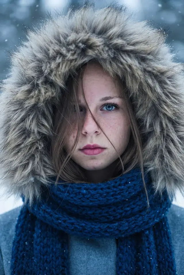 Зимний портрет в объёмном капюшоне