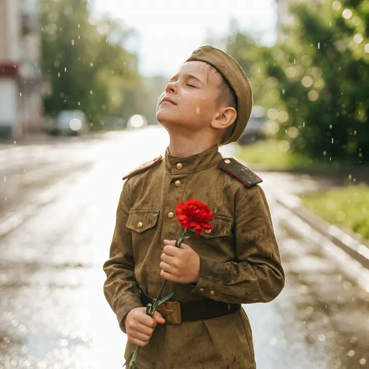 Ребёнок в советской форме под дождем