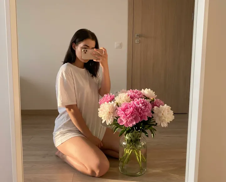 Селфи в зеркале с пионами