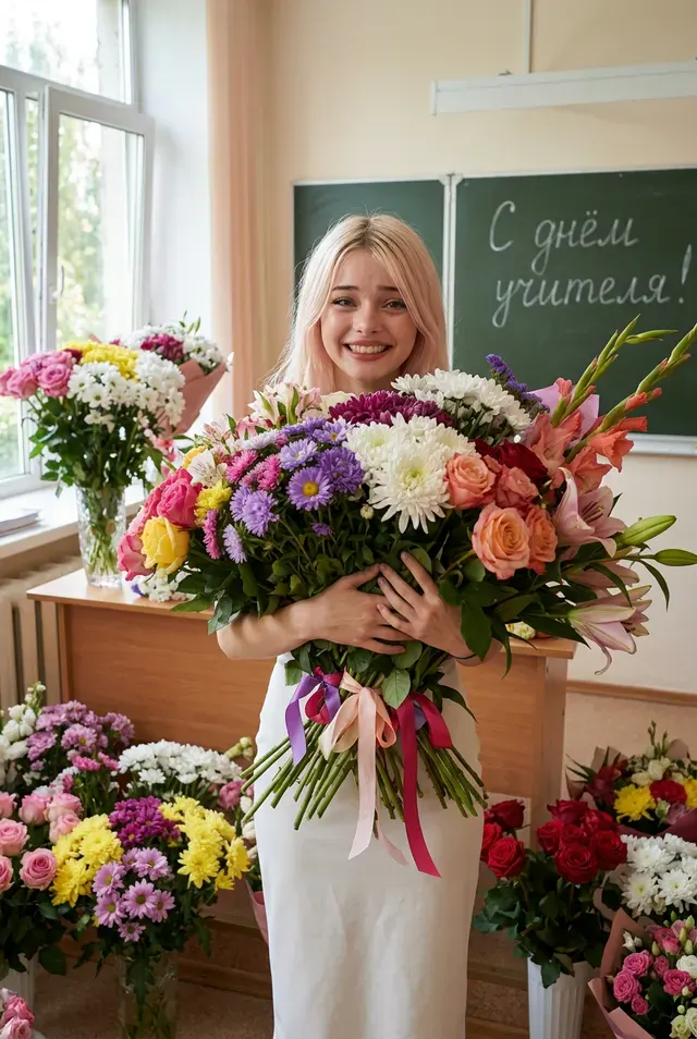 Счастливый учитель с букетами