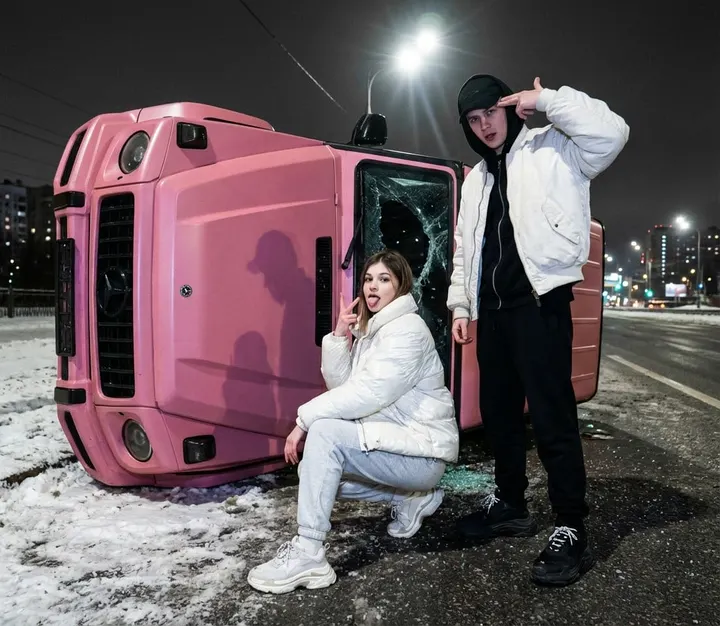 Дерзкая ночная фотосессия у внедорожника — пример фото по шаблону