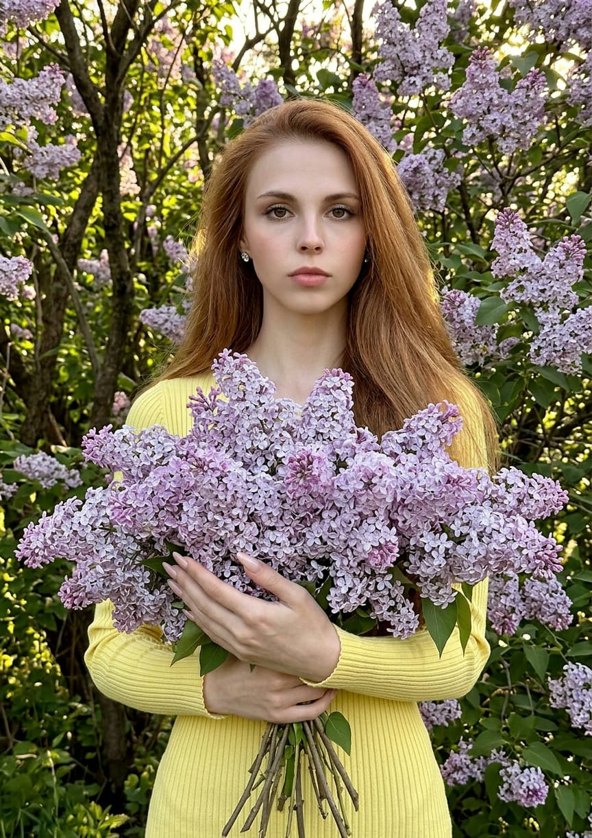 Девушка с букетом сирени