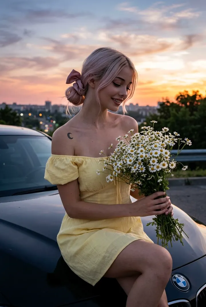 Девушка с ромашками у BMW