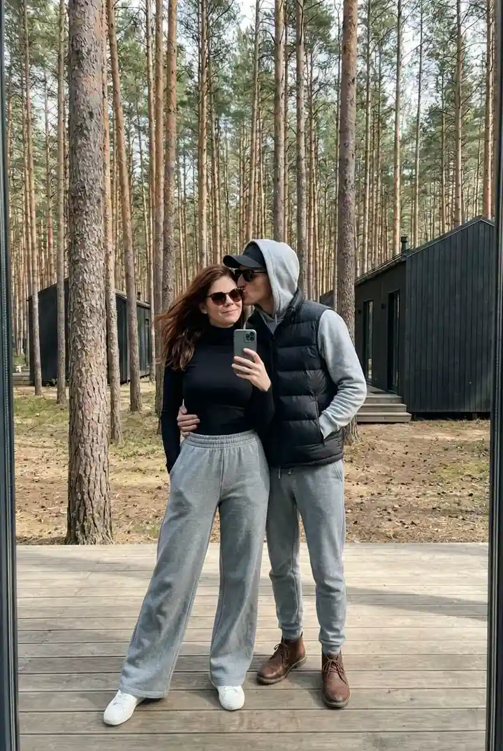 Селфи пары в сосновом лесу
