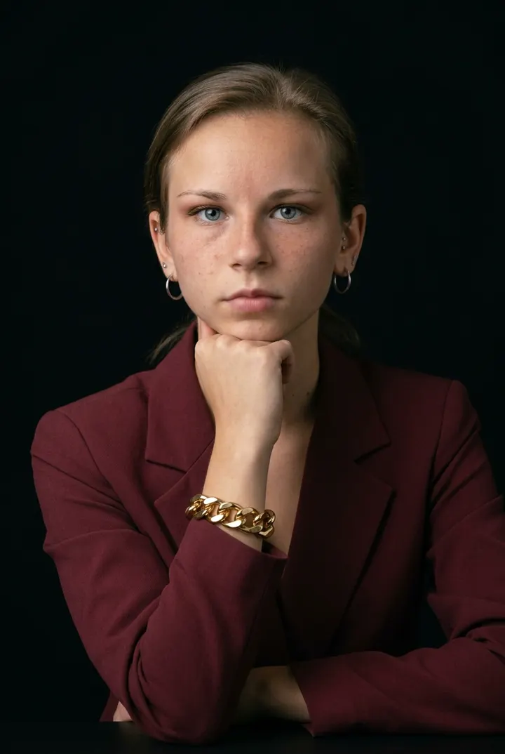 Студийный портрет в бордовом пиджаке