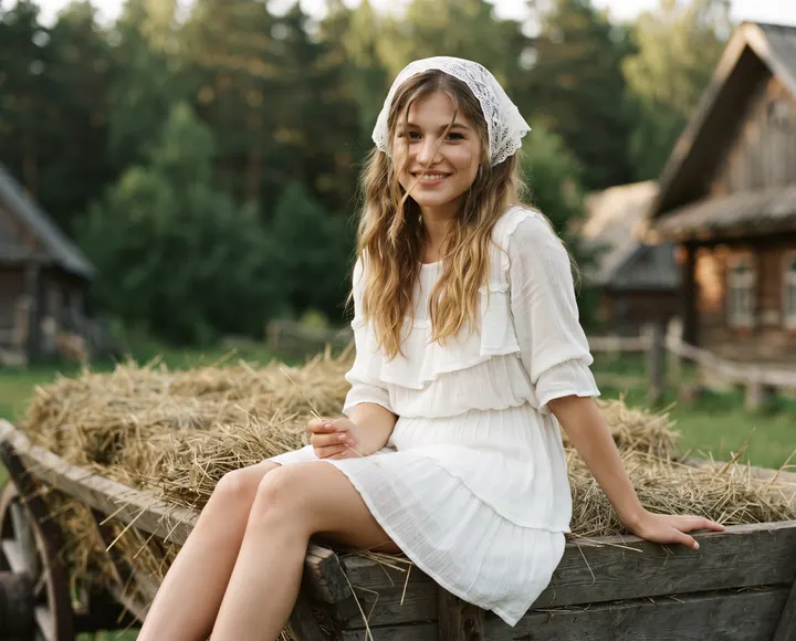 Девушка на телеге с сеном