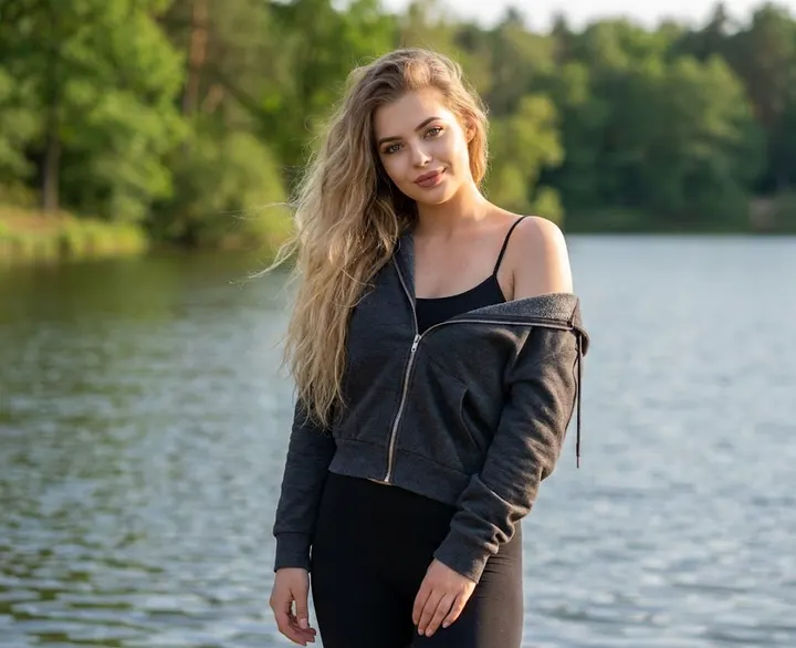 Девушка у озера в спортивном стиле