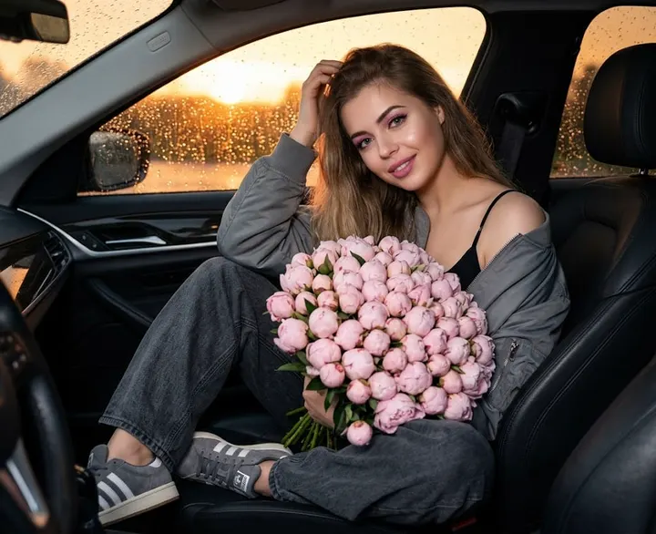 Девушка с пионами в машине