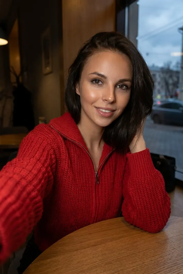 Девушка селфи в кафе