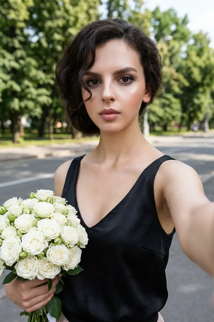 Селфи с белыми розами в парке