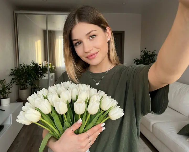 Селфи с белыми тюльпанами