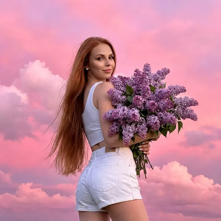 Девушка с сиренью на закате