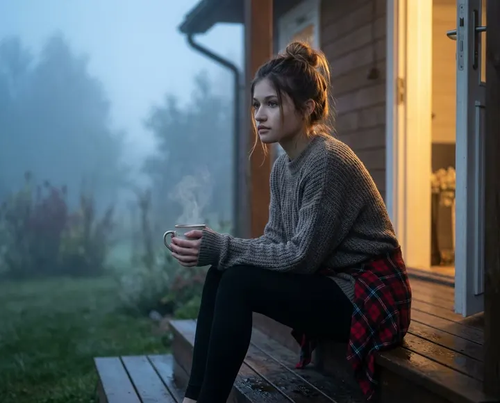 Девушка на крыльце в тумане