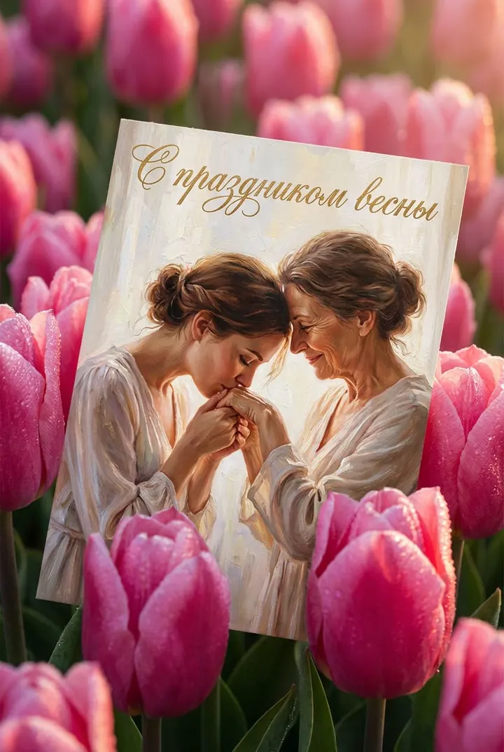 Открытка с тюльпанами и семьей