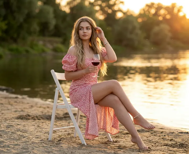 Женщина в красном платье на закате