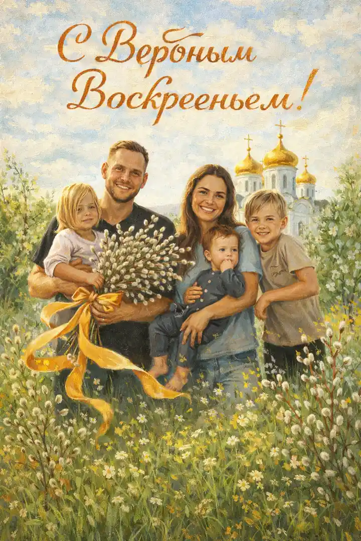Открытка к Вербному воскресенью маслом