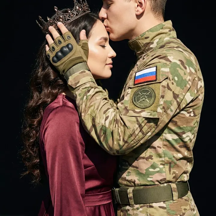 Военный целует женщину в короне