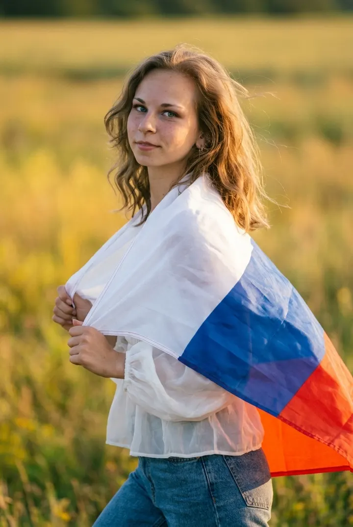 Девушка с флагом РФ на закате