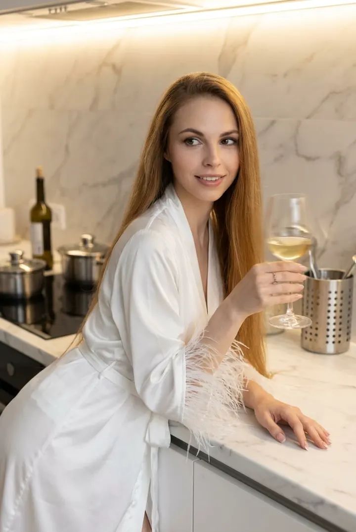 Женщина в белом халате на кухне