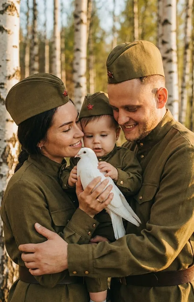 Семья в военной форме в лесу