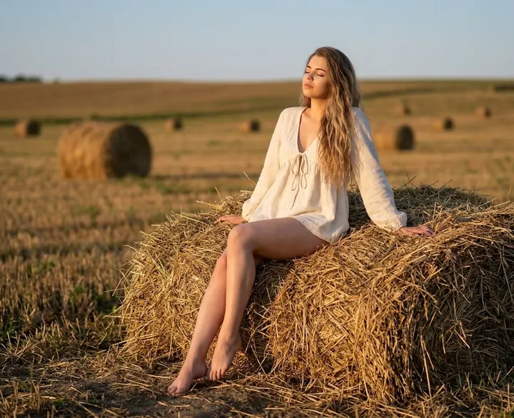Женщина на снопе сена заката