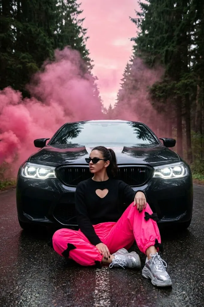 Портрет у BMW с розовым дымом