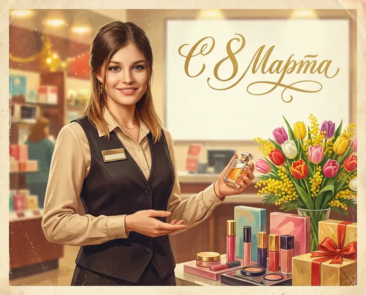 Ретро-открытка продавцу на 8 марта