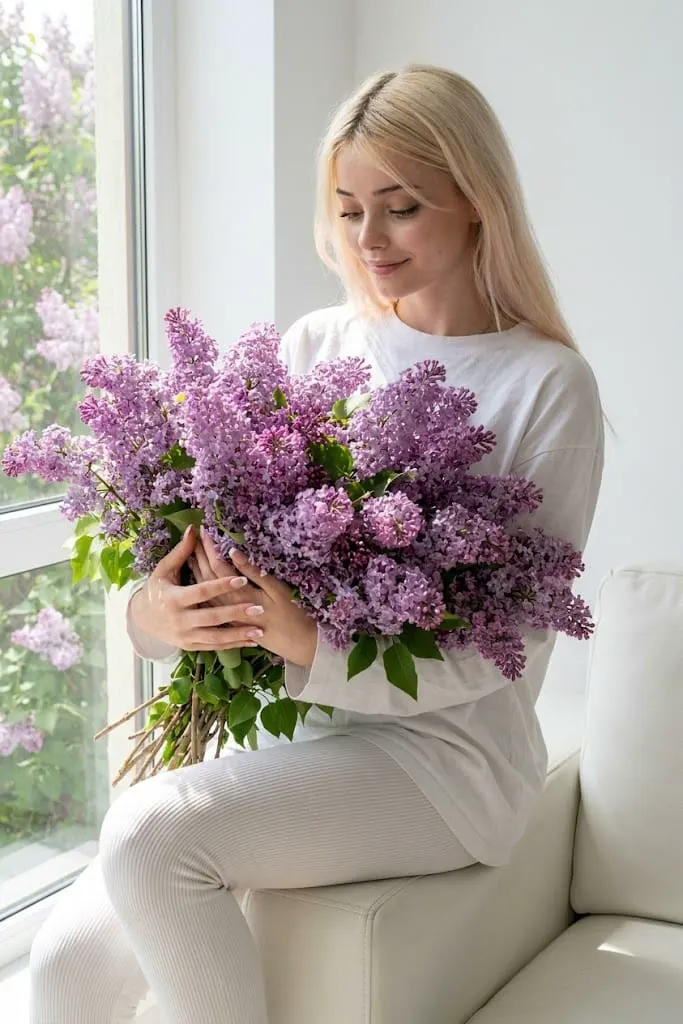 Женщина с букетом сирени