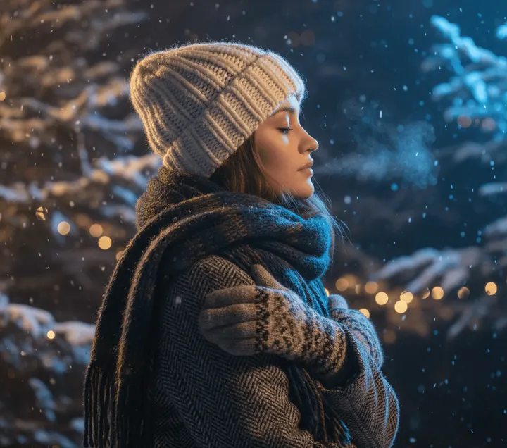 Cinematic winter night portrait of a young woman in profile,
