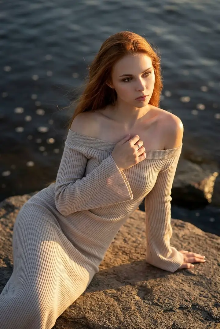 Женщина на камне у воды