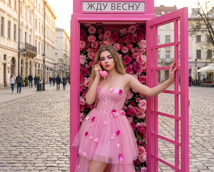Цветочная фотосессия в розовой будке