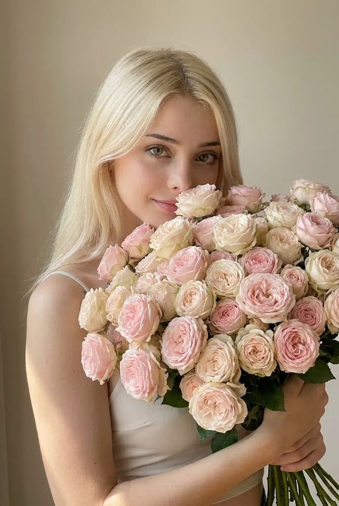 Женщина с букетом пионов