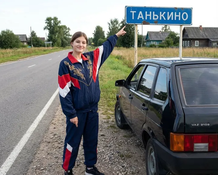 Девушка у знака Танькино в стиле 90-х
