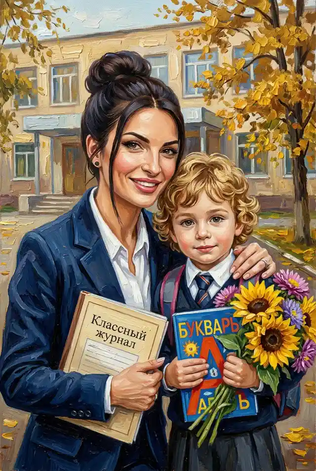 Учительница с учеником маслом