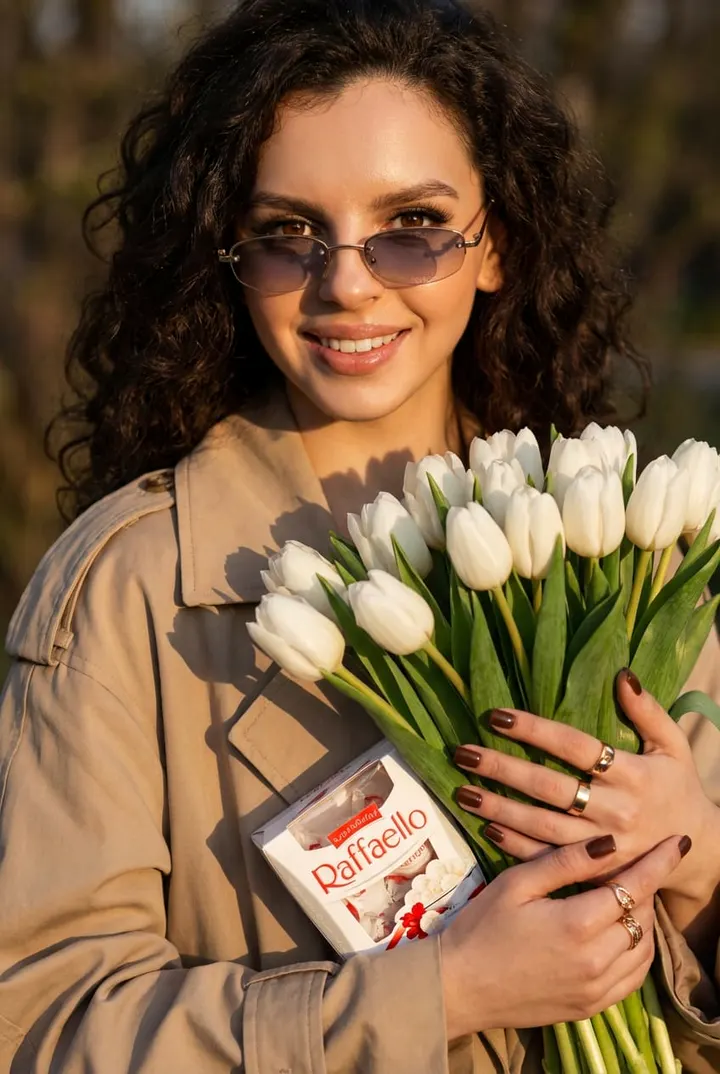 Теплый весенний портрет с тюльпанами