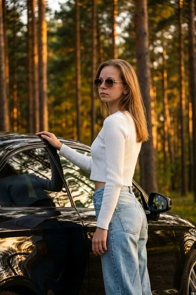 Девушка у машины на закате