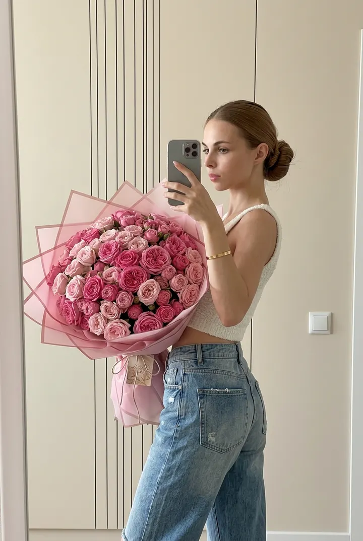 Зеркальное селфи с букетом роз