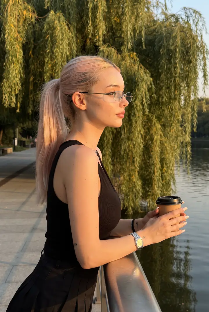 Девушка с кофе на набережной