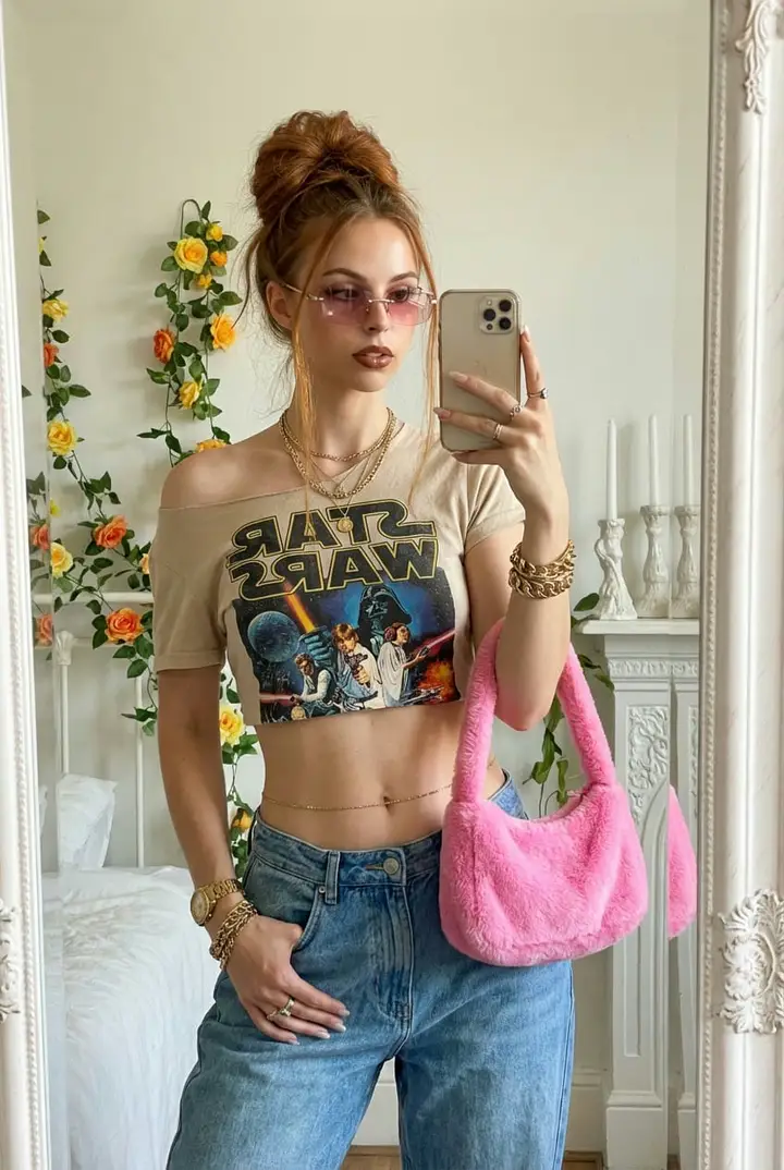 Селфи в стиле Y2K с принтом Star Wars и розовой сумкой