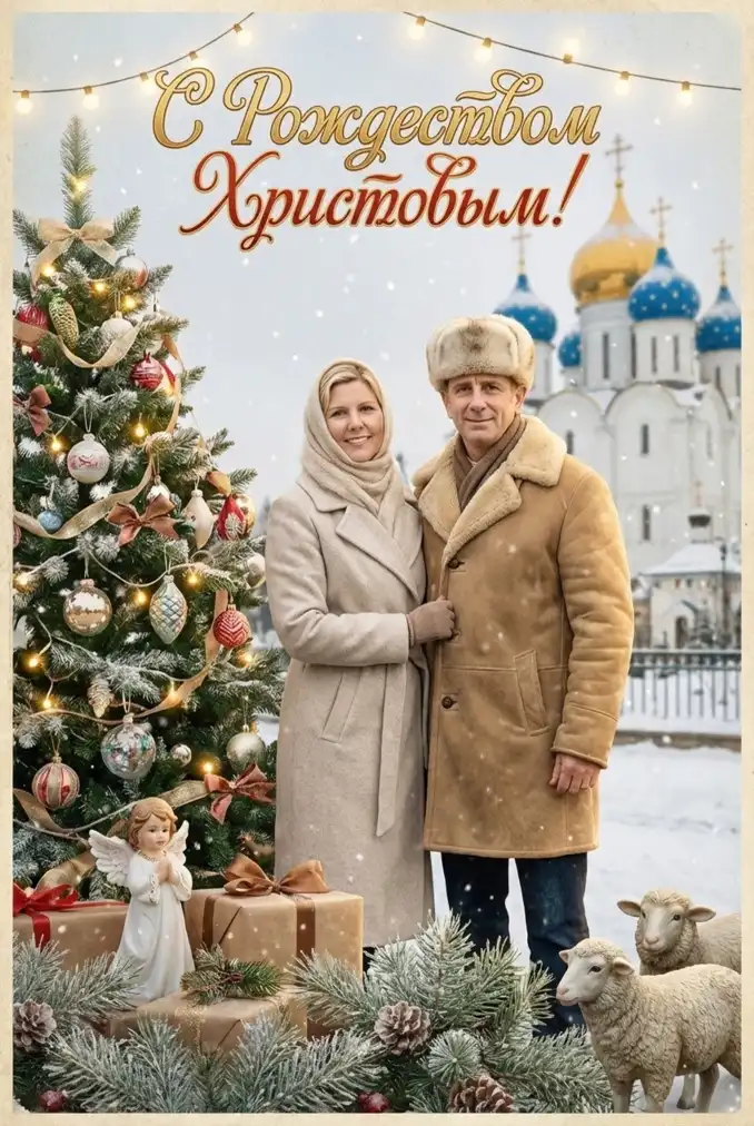 Винтажная рождественская открытка для двоих — пример фото по шаблону
