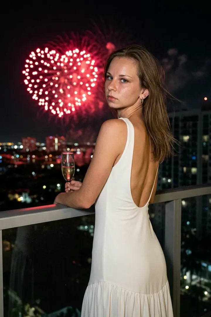 Девушка на балконе с салютом-сердцем