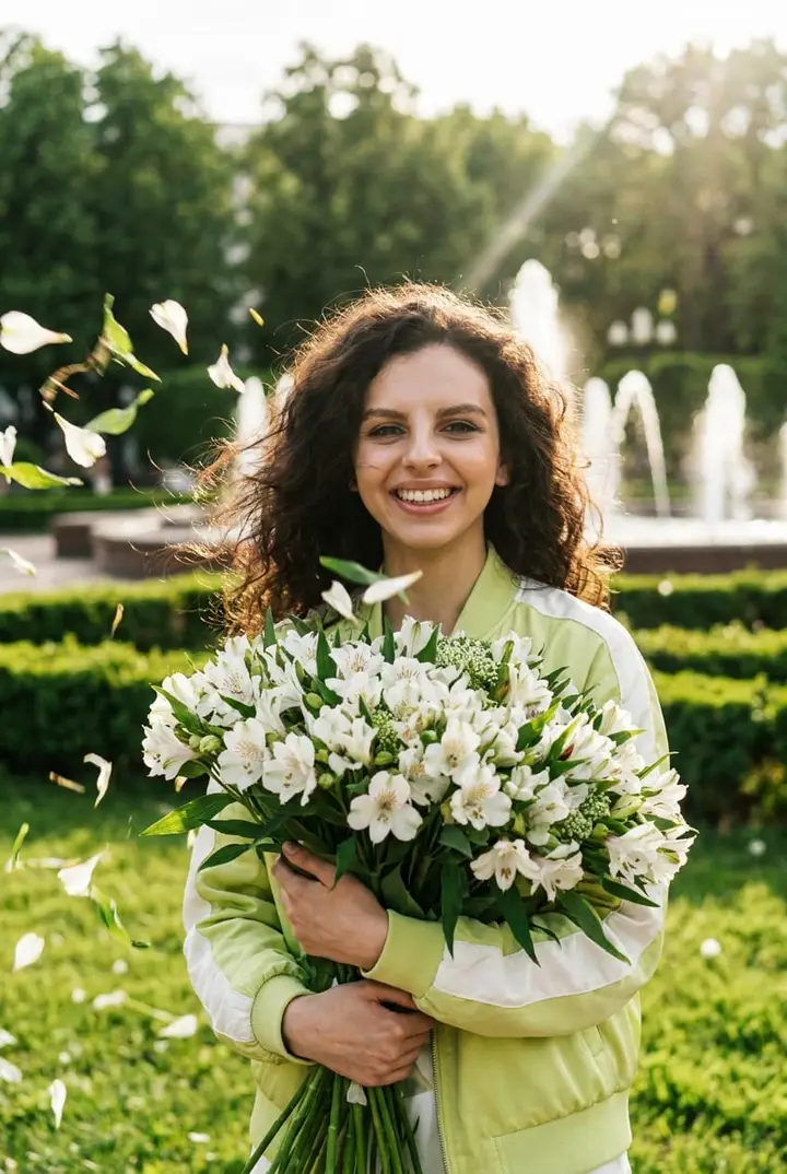 Девушка с альстромериями в парке