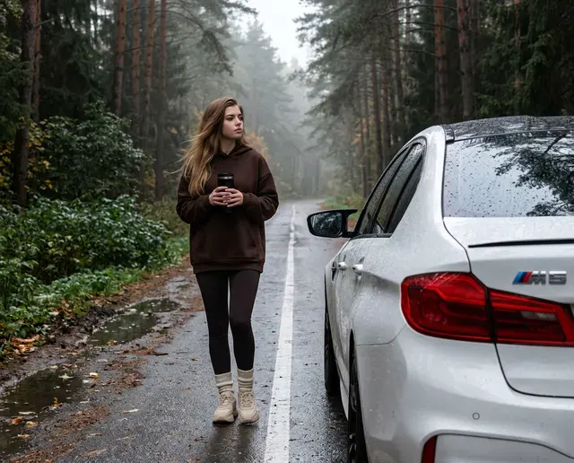 Девушка и BMW в лесу