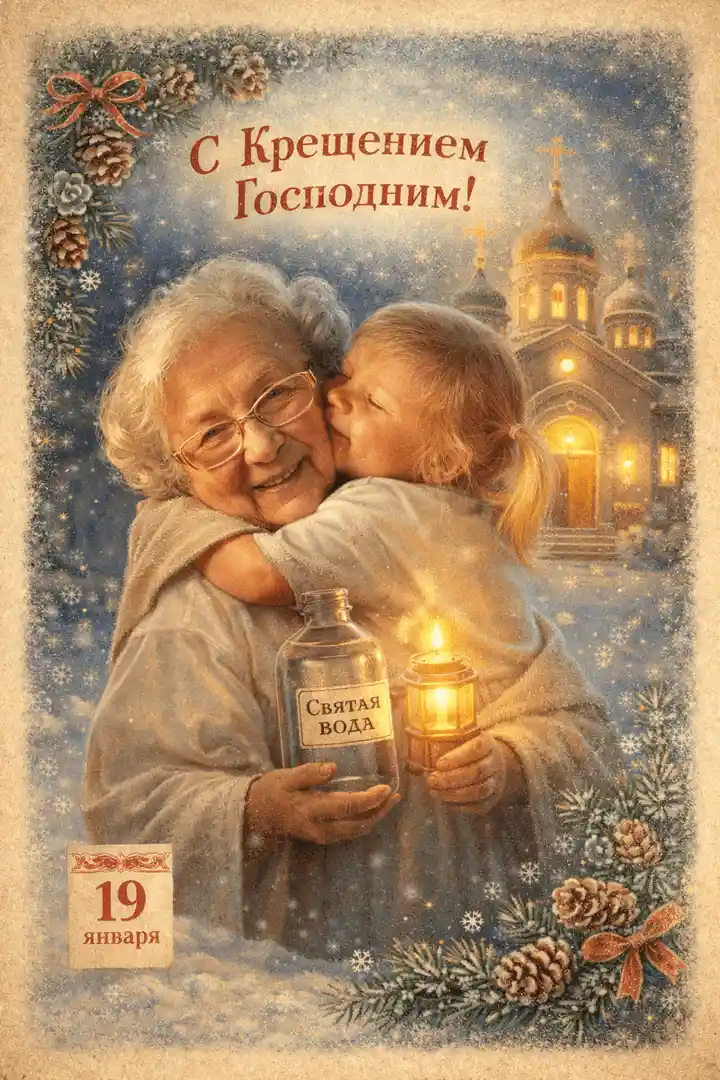 Винтажная открытка на Крещение