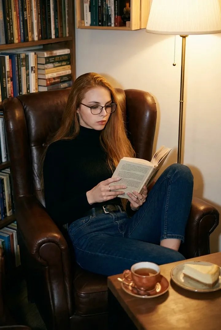 Девушка с книгой в кофейне