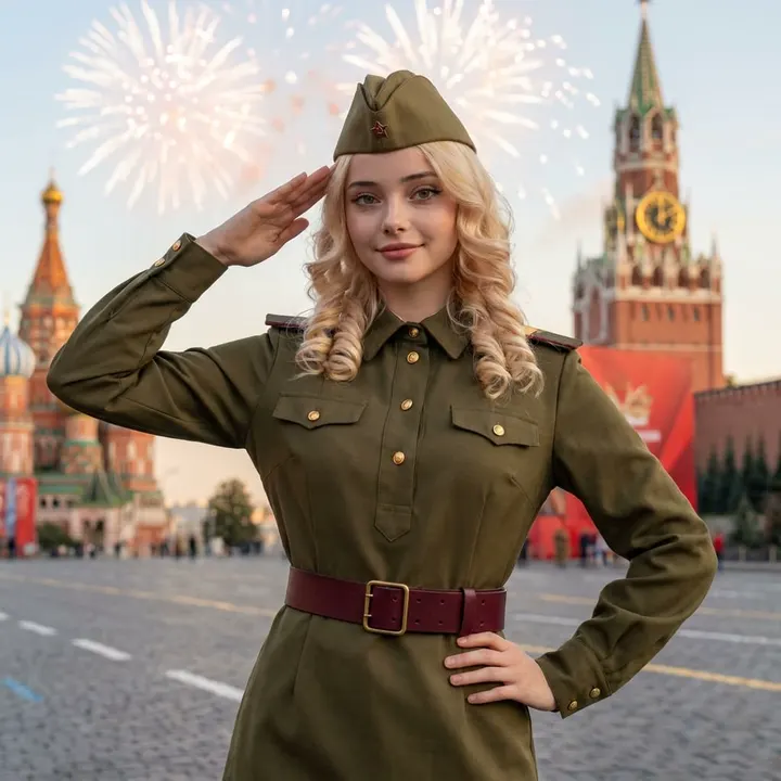 Девушка в гимнастерке на Красной площади