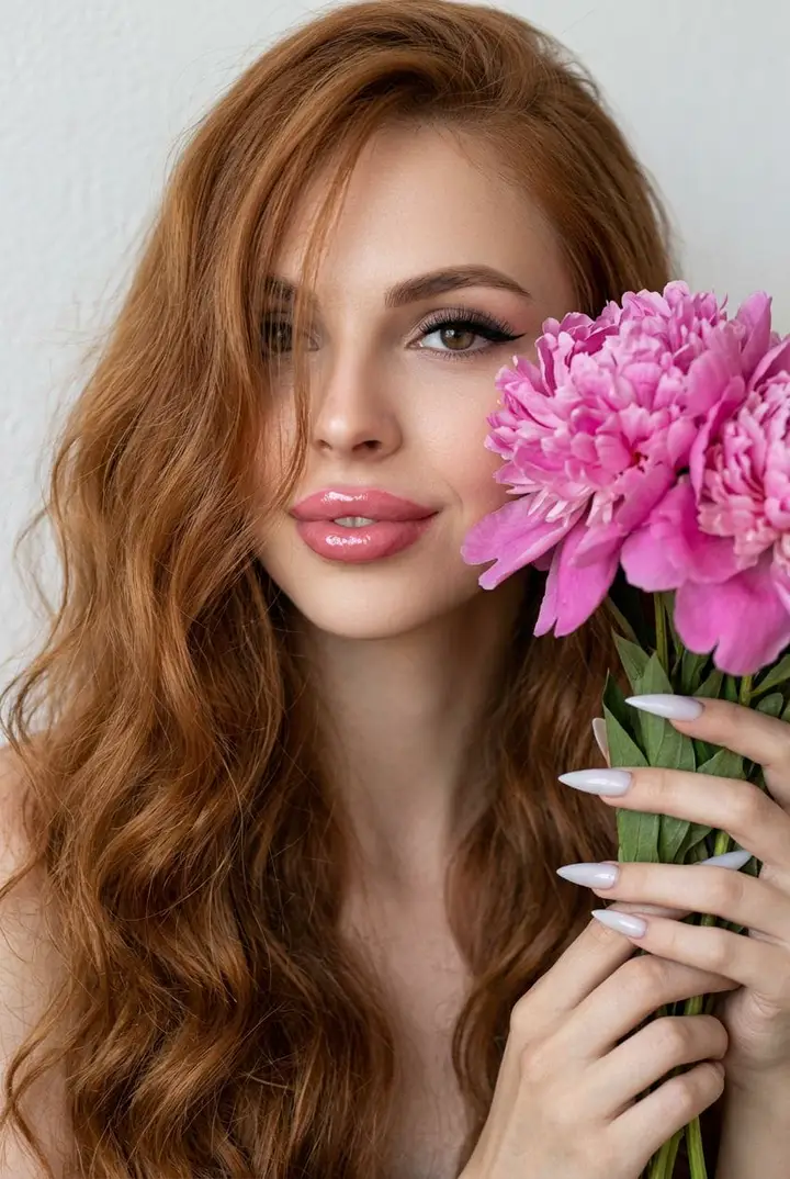 Девушка с розовыми пионами
