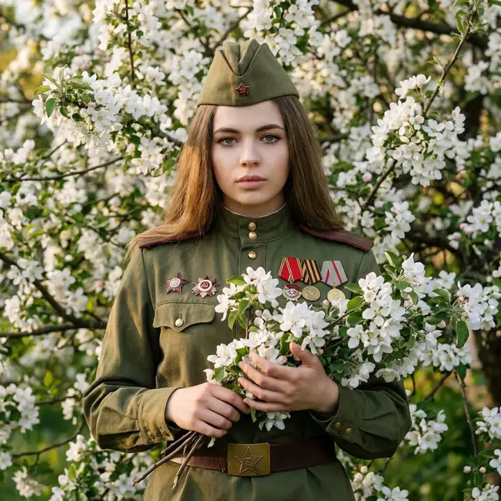 Девушка в военной форме с яблоней