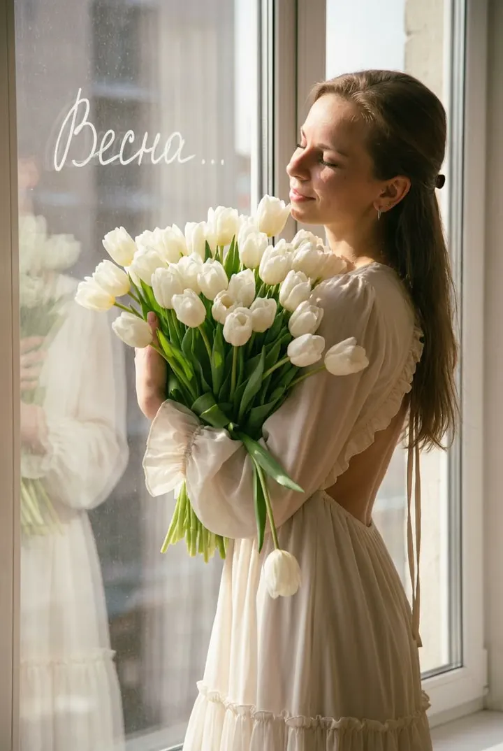 Весенний портрет с белыми тюльпанами