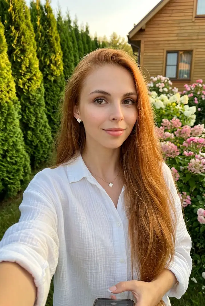 Селфи в муслиновой рубашке в саду